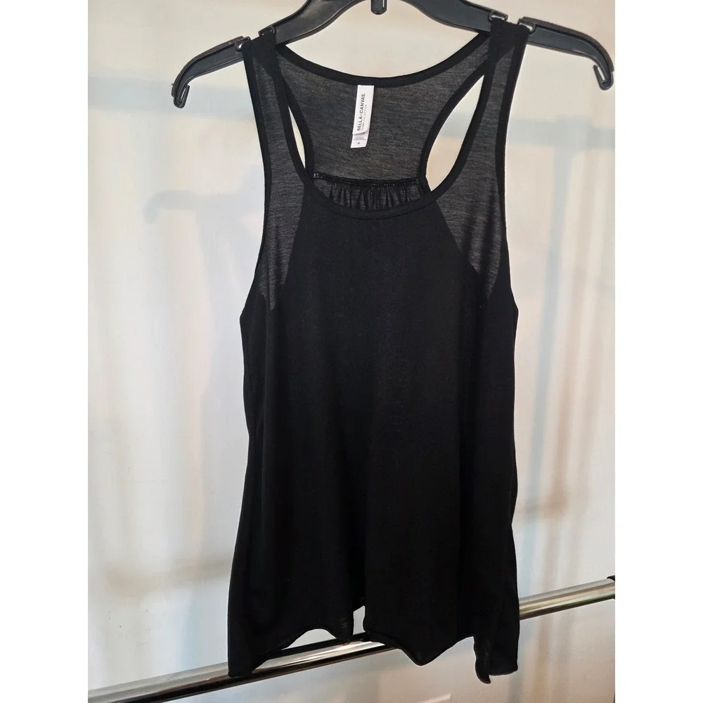 Womens sz M Bella Canvas Flowy Collection Black Racerback Tank Top Model of Duty